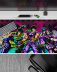 Vibrant 40x20 desk pad showcases JoJo's Bizarre Adventure heroes with unique personalities and striking colors