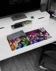 Dynamic JoJo protagonists artwork on 28x12 desk mat perfect for celebrating Joestar legacy and adventure