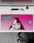 Anime girl mouse pad 32x16 inches in hot pink gradients, shy-angry vibe, high-contrast anime art.
