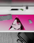 Hot pink anime girl mouse pad 36x16 inches with blushy shy-angry vibe, soft gradients, high contrast.