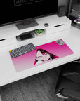 Close-up blushing anime girl glare in neon-pink triangle on mouse pad 28x12 inches, sweat-drop detail.
