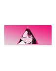 Anime girl mouse pad 28x12 inches with neon-pink triangle frame, crisp manga linework, blush and sweat drop.