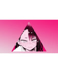 Anime girl desk pad 40x20 inches with neon-pink triangle frame, crisp manga linework, and sweat-drop detail.