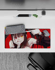 Red-and-black mischievous anime desk mat mouse pad 28x12 inches with heterochromia gold and crimson eyes.