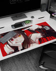 Anime girl with gold and crimson eyes on a 40x20 inches desk pad, teasing pose and inky twin tails.