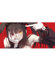 Anime girl desk pad 36x16 inches with twin tails, frilly black sleeves, and bold red background.