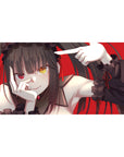 Anime girl desk pad 40x20 inches with twin tails, frilly black sleeves, and bold red background.