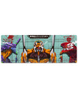 Compact 32x12 inches mouse pad with Evangelion Units design, featuring Unit-01, Unit-00, Unit-02, Rei, and Asuka in a battle-worn, fierce style.