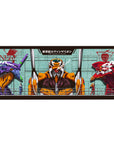Mouse pad featuring Evangelion Units design, 36x16 inches, with Unit-01, Unit-00, Unit-02, Rei, and Asuka in a bold, battle-worn anime style.
