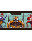 Mouse pad featuring Evangelion Units design, 40x20 inches, with Unit-01, Unit-00, Unit-02, Rei Ayanami, and Asuka Langley in a bold, battle-worn style.