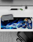 Intense 32x12 mouse pad features Saber's moonlit battle with intricate details for immersive fan vibes