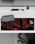 Intense 32x12 desk mat features glowing kanji signs and urban streets with intricate neon details for fans