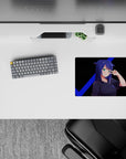 Teal-eyed anime girl mouse pad 14x10 inches in deep black with electric blue V lines, cheeky vibe.