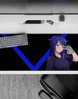 36x16 inches anime girl desk pad in deep black with electric blue lines, teal eyes, crisp cheeky vibe.
