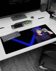 Anime cat-ear girl mouse pad 36x16 inches featuring teal-eyed character flashing a peace sign on dark backdrop.