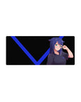 Anime girl mouse pad 28x12 inches with cat ears, peace sign pose, and bold V-line backdrop.
