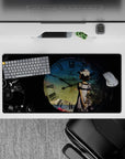 32x16 inches moody blue-and-black anime mouse pad with faded clock, ink scratches, and calm grunge feel.