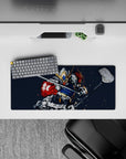 28x12 inches anime mouse pad in steel gray and deep navy with bold red accents, gold horns, and high-speed vibes.