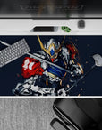 40x20 inches anime desk pad in steel gray and deep navy with red shoulder pop, fast gritty energy.