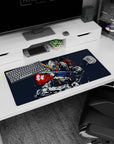 32x16 inches Gundam Barbatos mouse pad with blades out, charging through sparks on a dark comic-panel backdrop.