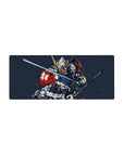 28x12 inches anime mouse pad with Gundam-style mecha art, dynamic brushstrokes, sparks, and blades-out pose.