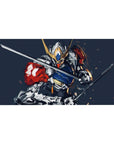 40x20 inches anime desk pad with Gundam-style mecha, brushstroke sparks, and bold horned armor art.