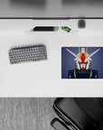 Anime mouse pad 14x10 inches in clean white and navy armor on slate, with bold red and yellow accents.