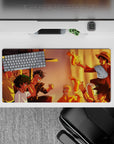 Anime mouse pad 32x16 inches featuring Naruto, Luffy, Goku, Asta, Deku, and Yuji bonding in vibrant sunset tones.
