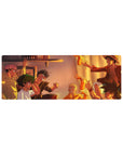 Anime mouse pad 32x12 inches featuring Naruto, Luffy, Goku, Asta, Deku, and Yuji with warm sunset tones and lively vibes.