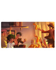 Anime mouse pad 32x16 inches featuring Naruto, Luffy, Goku, Asta, Deku, and Yuji in a relaxed, sunset-toned setting.