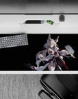 Night-sky fantasy anime desk pad 36x16 inches in black with cyan glow accents and bold red ribbons.