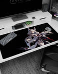 Fox-eared silver-haired anime girl in white robes, wind-swept hair on desk pad 40x20 inches.