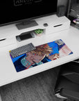 My Hero Academia mouse pad, 28x12 inches, featuring Chainsaw Man design with Denji’s bloodstained blade and Makima’s reflection for dramatic depth.