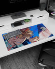 Modern 32x16 inches mouse pad featuring Chainsaw Man design, with Denji’s bloodstained blade and Makima’s reflection for a high-impact, story-rich look.