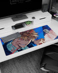 Artistic 36x16 inches mouse pad featuring Chainsaw Man design, with Denji’s intense battle and Makima’s haunting reflection in a bloodstained blade.