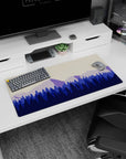 Modern 32x16 inches mouse pad featuring serene mountain layers, blending soft purples and blues for a peaceful, calm workspace.