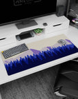 Artistic 36x16 inches mouse pad featuring serene mountain layers in soft purples and blues for a tranquil workspace vibe.