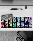 32x12 inches anime girl mouse pad in red, gold, mint, ocean blue, and violet; high-contrast, mischievous vibe.