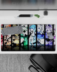 32x16 inches anime girl mouse pad in red, gold, mint, ocean blue, and violet with mischievous vibe.
