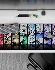 36x16 inches anime girl mouse pad in red, gold, mint, ocean blue, and violet with mischievous vibe.