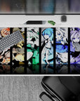 40x20 inches anime mouse pad in red, gold, mint, ocean blue, and violet with mischievous high-contrast vibe.