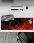 Intense 32x12 desk pad features fiery explosions and berserk details with intricate red-and-black contrasts for fans of Neon Genesis