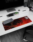 Small but impactful 32x12 desk pad showcases anime-inspired destruction with striking Unit-01 artistry