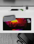 Compact 28x12 mouse pad highlights futuristic skyline and palm trees for immersive retro vibes