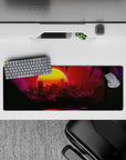 Intense 32x12 mouse pad features futuristic skyline with intricate neon and palm tree details for fans