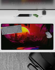 Dynamic 32x16 mouse pad combines neon city lights and sunset tones for impactful vaporwave visuals