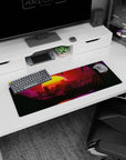 Small but impactful 32x12 mouse pad showcases glowing cityscape with striking vaporwave artistry