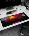 Neon skyline artwork on 36x16 mouse pad captures the essence of a glowing futuristic mirage in stunning detail