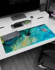 Refreshing 36x16 anime desk mat with turquoise, deep blue, and golden flecks for a calming, ocean-inspired design