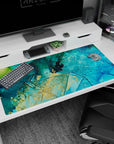 Tranquil 40x20 anime desk mat with a blend of turquoise, deep blue, and golden flecks for a refreshing oceanic vibe in your workspace
